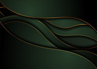 Wall Mural - Golden curved wavy lines and green waves abstract minimal background. Vector corporate graphic design