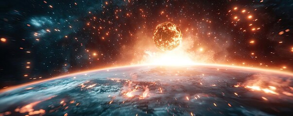 Wall Mural - Asteroid impact concept. A stunning cosmic scene showcasing the vibrant explosion of a distant star.