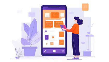 Woman interacts with stylized mobile interface for business management