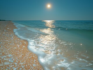 Wall Mural - Moonlit beach stones and swirling golden sand sparkle in the green sea