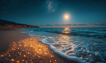 Wall Mural - Moonlit beach stones and swirling golden sand sparkle in the green sea