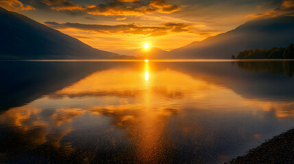 Wall Mural - a golden sunset reflecting over a calm lake, creating a serene atmosphere