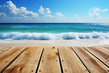 Wall Mural - Ocean waves beach wood planks summer display