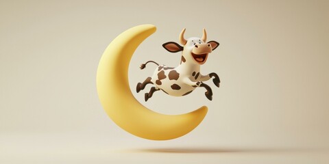 Canvas Print - A happy cow jumps over the moon. AI.