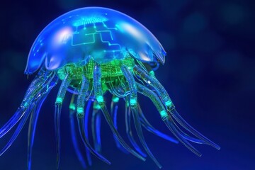 Wall Mural - Futuristic jellyfish with glowing circuits. AI.