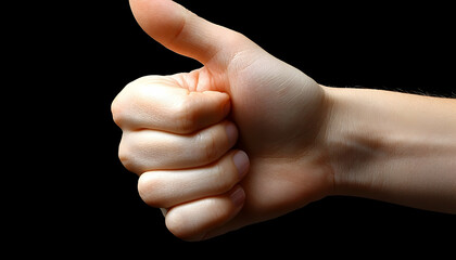 Thumbs up gesture against a black background symbolizing approval