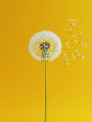 Dandelion seeds floating away. AI.