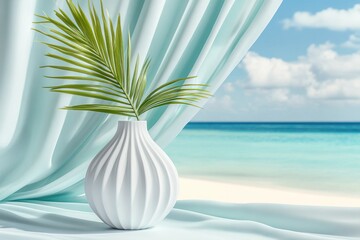 Wall Mural - Palm frond vase, beach view, curtain, serenity