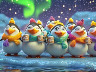 Poster - Happy penguins enjoying winter drinks. AI.