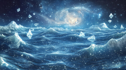 Wall Mural - a surreal cosmic ocean where the waves shimmer with liquid stardust, constellations dance across the