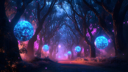 Wall Mural - a surreal glowing forest bathed in the luminescent light of an otherworldly eclipse, where trees pul