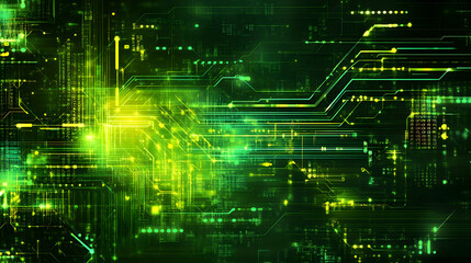 Futuristic circuit board, digital technology, glowing green, abstract background, tech website