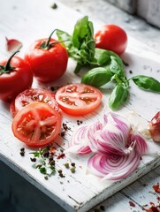 Wall Mural - Colorful tomatoes, onions, and basil leaves arranged on a white background.