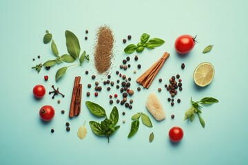 Wall Mural - Vibrant and colorful selection of common cooking ingredients including various types of herbs, spices and rubbing blends. Perfect for Mediterranean cuisine and pantry essentials.