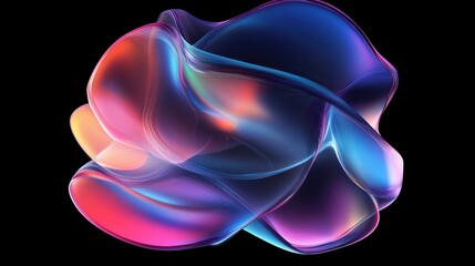 Wall Mural - Abstract iridescent 3D fluid shape, glowing neon colors on black background.