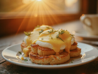 Wall Mural - Sunlit eggs benedict on toasted muffins with hollandaise sauce and herbs