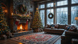 © Hamza - Cozy Christmas living room with fireplace and snowy view, interior render with festive decor
