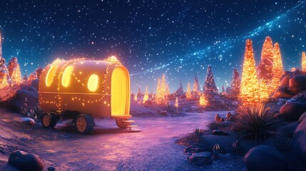 Wall Mural - magical caravan in a starry landscape with glowing trees and rocks