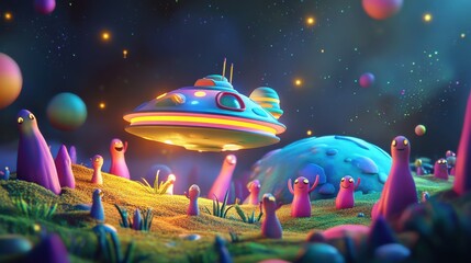 Wall Mural - colorful alien landscape with spaceship and friendly creatures