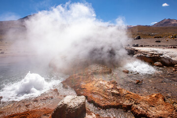 Tatio Geyser, Atacama Desert, Chile. Geyser steam in the desert.