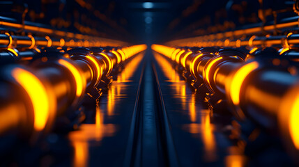 Illuminated Perspective of Metallic Tubes in a Futuristic Abstract Tunnel