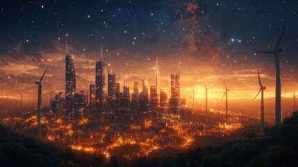 Wall Mural - Futuristic Cityscape at Dusk with Wind Turbines and Galaxies