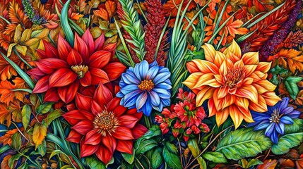 Wall Mural - Vibrant Colorful Floral Arrangement with Red, Yellow, Blue Flowers and Green Leaves Adorning Autumnal Background