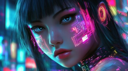 A futuristic tech hacker girl with neon cyber circuits embedded in her skin, controlling an advanced AI system. background wallpaper AI generated image