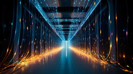 Futuristic data center with glowing fiber optic cables running through the walls