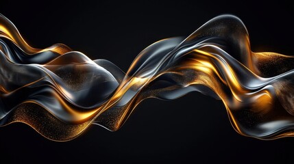 Wall Mural - A luxurious dark scene with golden accents flowing through black waves, creating an elegant and modern 3D-rendered backdrop.