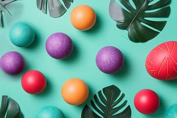 Wall Mural - Colorful spheres, tropical leaves, teal background, flat lay, design element