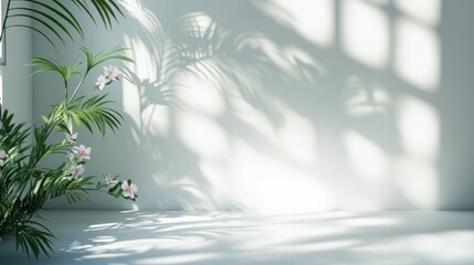 Wall Mural - Light-filled room with plants and shadows on a white wall.