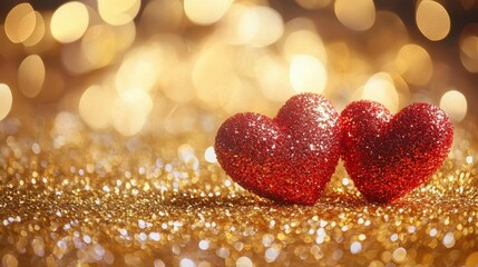 Wall Mural - a romantic golden bokeh background with two bright red hearts in the center, symbolizing love and pa