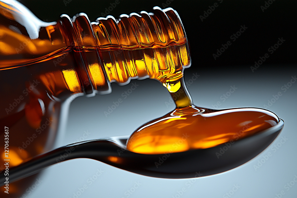 Amber glass bottle of cough syrup pouring into a spoon on a clean white ...