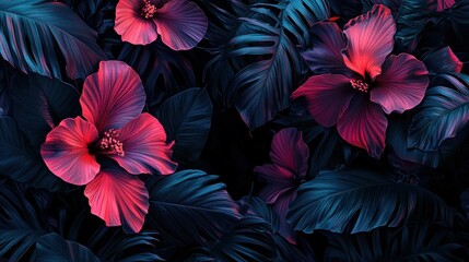 Wall Mural - a stunning dark floral design with glowing neon tropical flowers, blending soft pink and blue hues i
