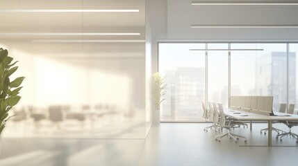 Wall Mural - Sunlit modern office interior with cityscape view, desks, chairs, and plants.