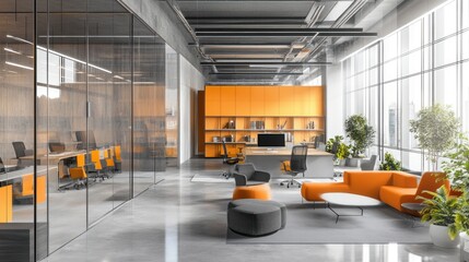 Wall Mural - Modern office interior with orange furniture, glass walls, and large windows.