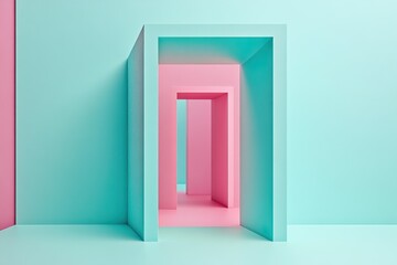 Wall Mural - Pink & teal room, doorway, depth, pastel, background, design, graphic