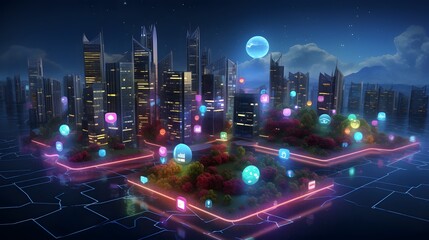 Vibrant digital social media network with glowing interconnected nodes and icons representing the concept of global communication data exchange and technological advancement