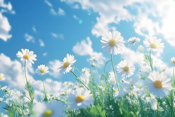 Sticker -  white and yellow chamomile flowers in the sun with bokeh