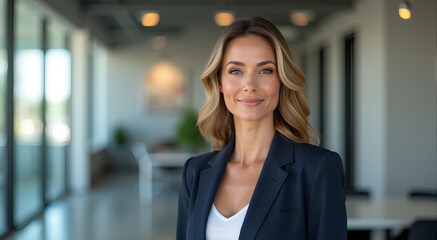 Wall Mural - Portrait of a professional woman in a suit standing in a modern office.Business woman looking at the camera in a workplace meeting area.