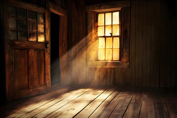 Wall Mural - Rustic room, sunlit window, wooden floor, open door, dust motes