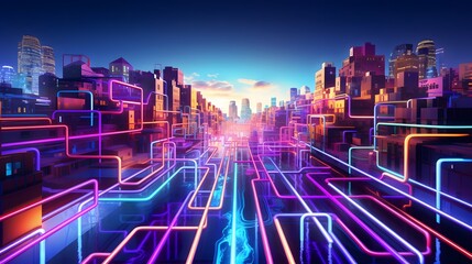 Neon abstract visualization of a social media algorithm represented as a complex network of vibrant glowing pathways  This futuristic