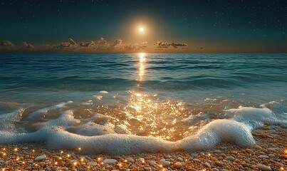 Wall Mural - Moonlit beach stones and swirling golden sand sparkle in the green sea