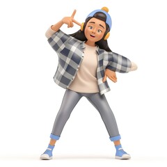 A 16-year-old girl character dances energetically, showcasing her unique style in fashionable clothing. Her joyful expression highlights her passion for self-expression through dance