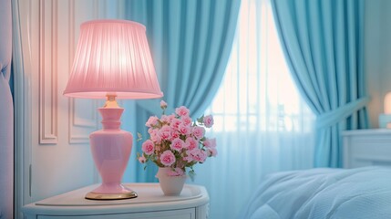 Sticker - A romantic bedroom featuring a pink bedside lamp and soft blue curtains for a peaceful vibe