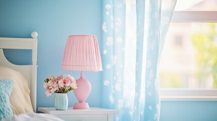 Sticker - A romantic bedroom featuring a pink bedside lamp and soft blue curtains for a peaceful vibe