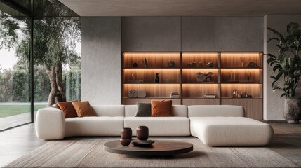 Sticker - A spacious and inviting home interior featuring a soft-toned sofa and a modern built-in display unit