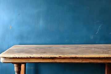 Wall Mural - Rustic wooden table against blue wall