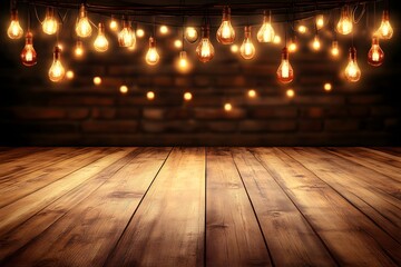 Wall Mural - Rustic wooden table, Edison bulbs, brick wall, party background